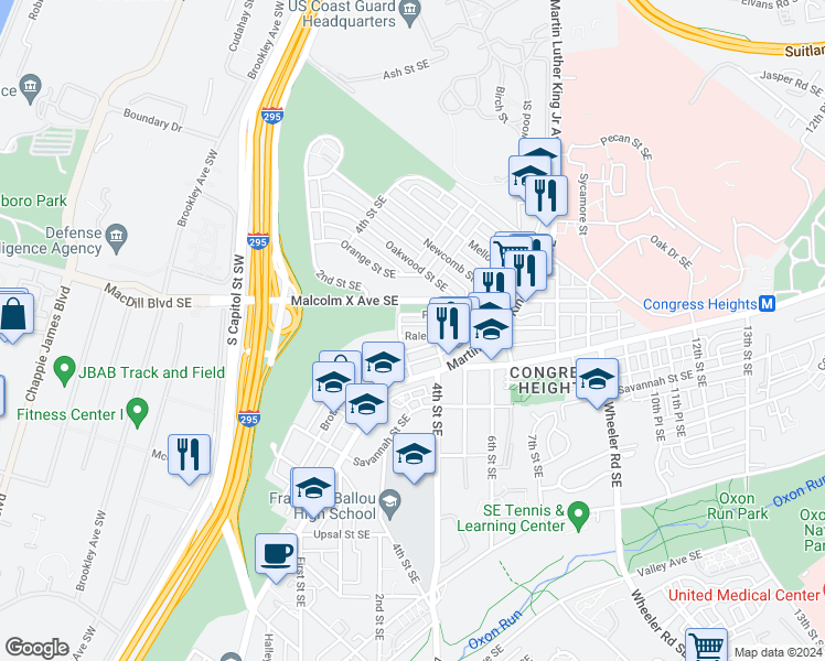 map of restaurants, bars, coffee shops, grocery stores, and more near 308 Raleigh Street Southeast in Washington