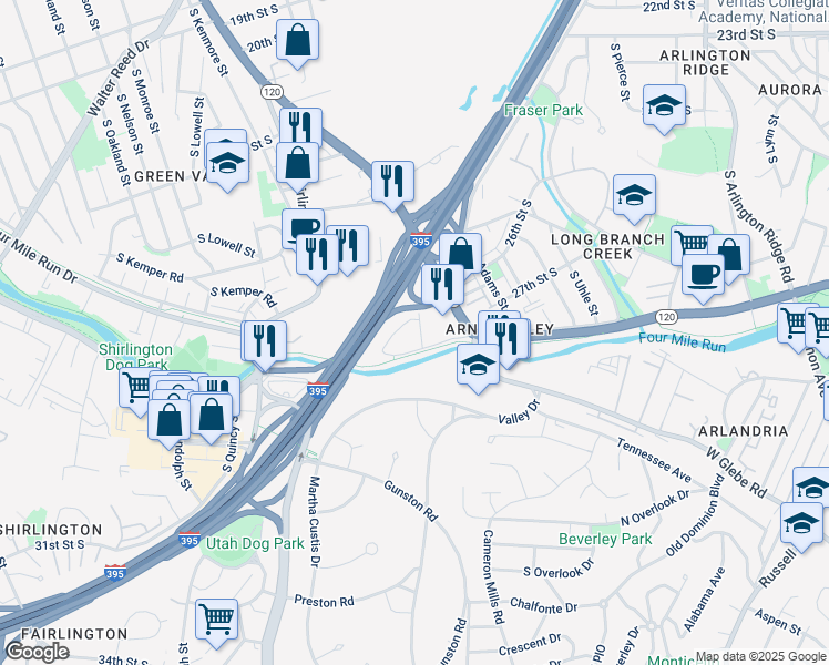 map of restaurants, bars, coffee shops, grocery stores, and more near 2722 South Cleveland Street in Arlington