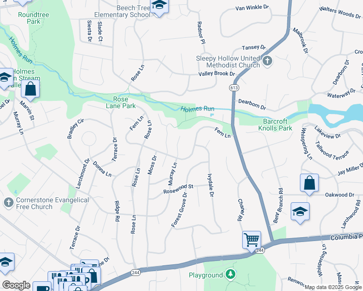 map of restaurants, bars, coffee shops, grocery stores, and more near 6809 Murray Lane in Annandale