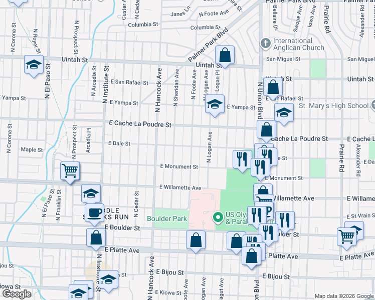 map of restaurants, bars, coffee shops, grocery stores, and more near 724 North Foote Avenue in Colorado Springs