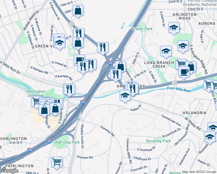 map of restaurants, bars, coffee shops, grocery stores, and more near 2722 South Cleveland Street in Arlington