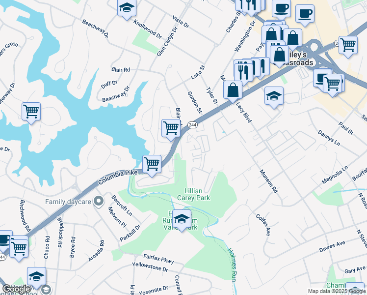 map of restaurants, bars, coffee shops, grocery stores, and more near 3685 Ambrose Hills Road in Falls Church