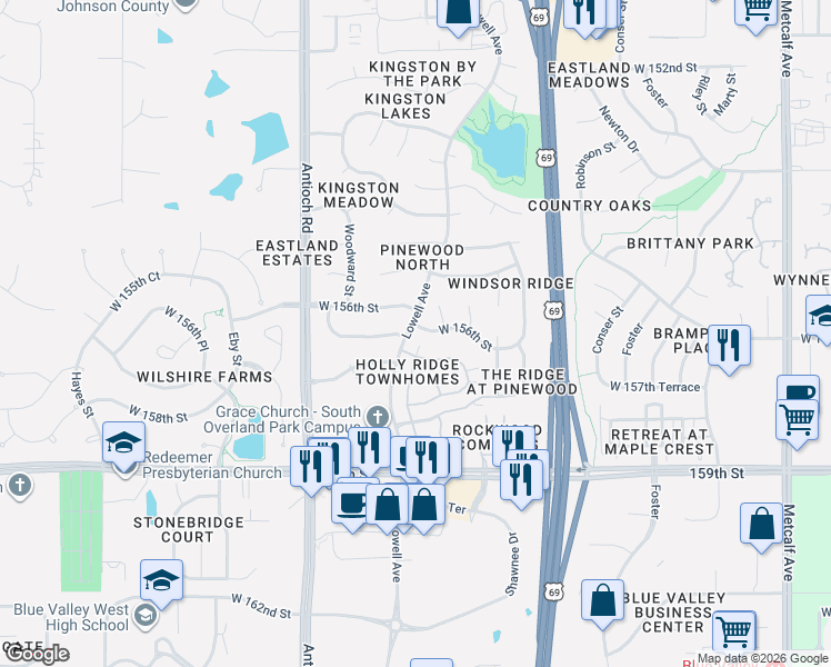 map of restaurants, bars, coffee shops, grocery stores, and more near 7889 West 156th Street in Overland Park
