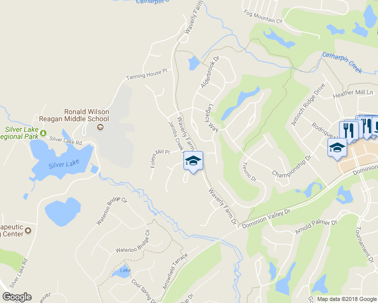 map of restaurants, bars, coffee shops, grocery stores, and more near 5301 Jacobs Creek Place in Haymarket