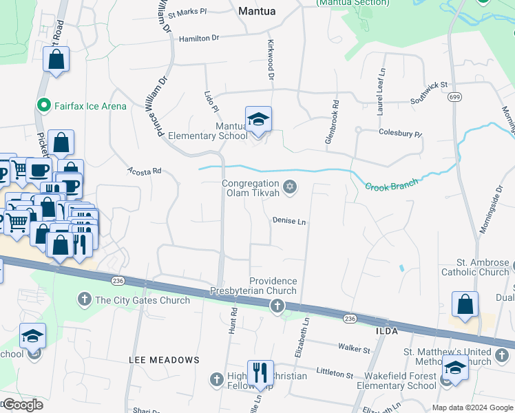 map of restaurants, bars, coffee shops, grocery stores, and more near 3812 Chantal Lane in Fairfax
