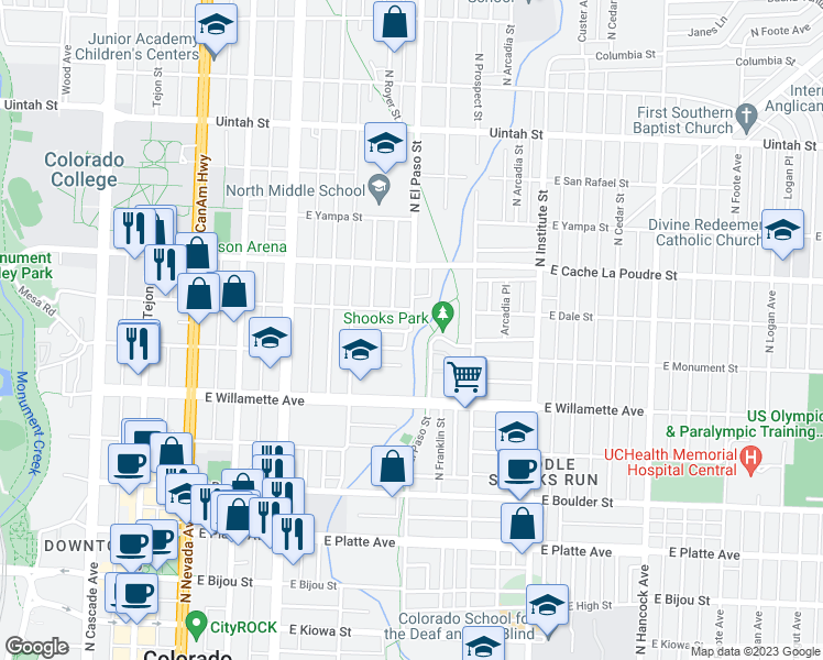 map of restaurants, bars, coffee shops, grocery stores, and more near N El Paso St & Maple St in Colorado Springs