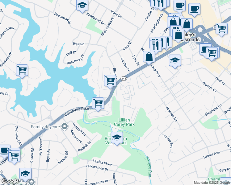 map of restaurants, bars, coffee shops, grocery stores, and more near 3686 Ambrose Hills Road in Falls Church