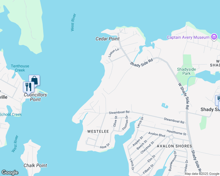 map of restaurants, bars, coffee shops, grocery stores, and more near 6522-R Hunter Road in Shady Side