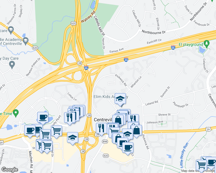 map of restaurants, bars, coffee shops, grocery stores, and more near 5651 Sherborne Knolls in Centreville
