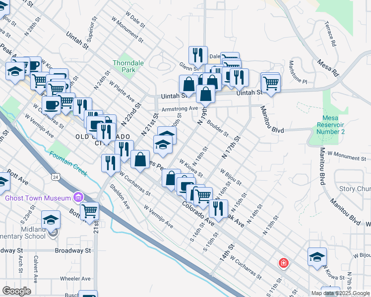 map of restaurants, bars, coffee shops, grocery stores, and more near 1829 West Bijou Street in Colorado Springs