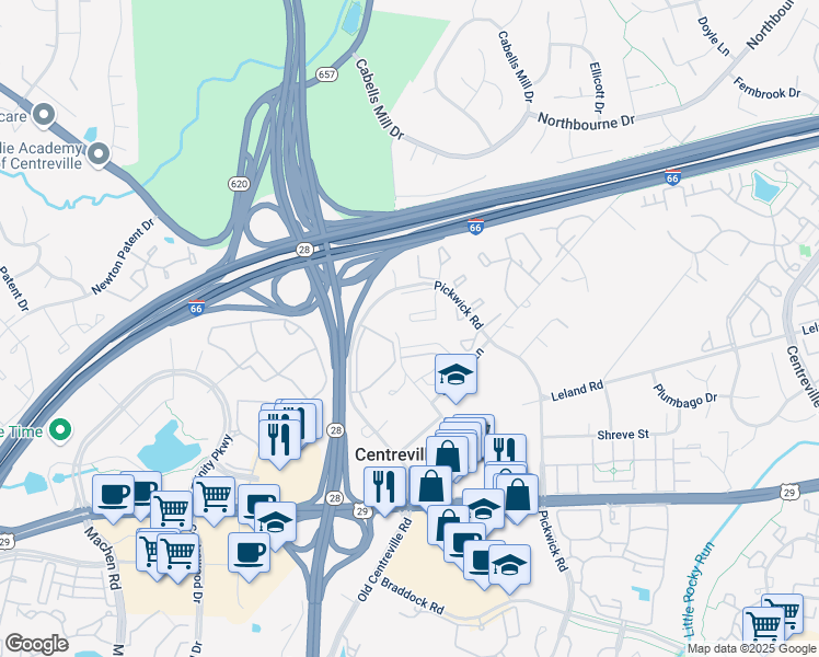 map of restaurants, bars, coffee shops, grocery stores, and more near 5651 Sherborne Knolls in Centreville