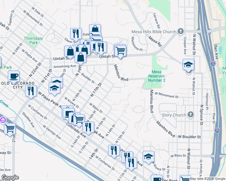map of restaurants, bars, coffee shops, grocery stores, and more near 403 North 16th Street in Colorado Springs