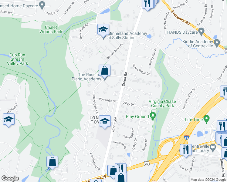 map of restaurants, bars, coffee shops, grocery stores, and more near 14720 Southwarke Place in Centreville
