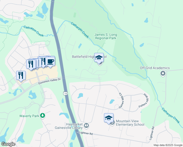 map of restaurants, bars, coffee shops, grocery stores, and more near 15000 Graduation Drive in Haymarket