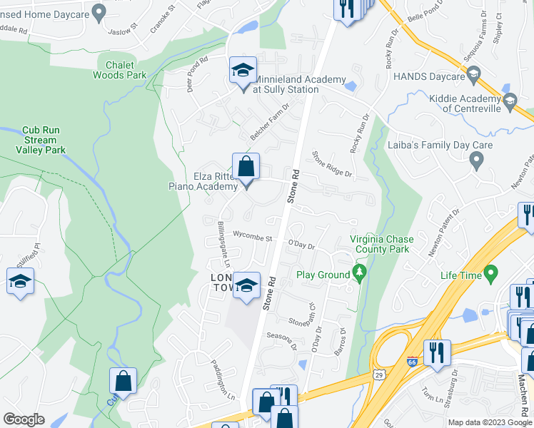 map of restaurants, bars, coffee shops, grocery stores, and more near 14720 Southwarke Place in Centreville