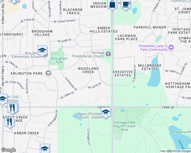 map of restaurants, bars, coffee shops, grocery stores, and more near 15136 West 157th Terrace in Olathe