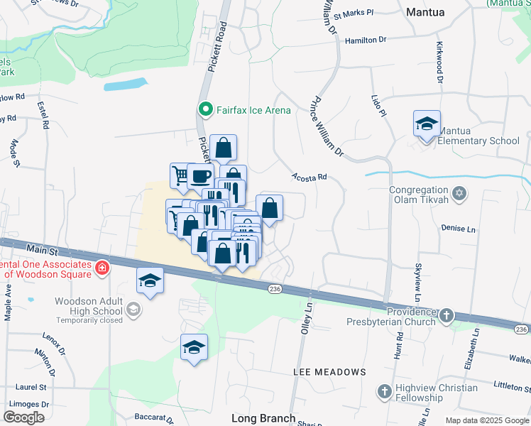 map of restaurants, bars, coffee shops, grocery stores, and more near 3877 Persimmon Circle in Fairfax