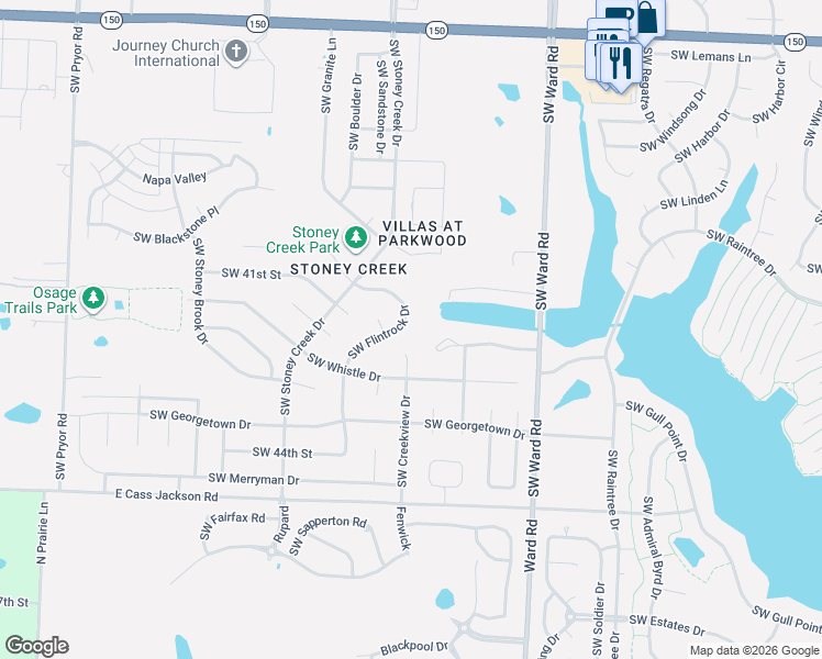 map of restaurants, bars, coffee shops, grocery stores, and more near 4141 Southwest Flintrock Drive in Lee's Summit