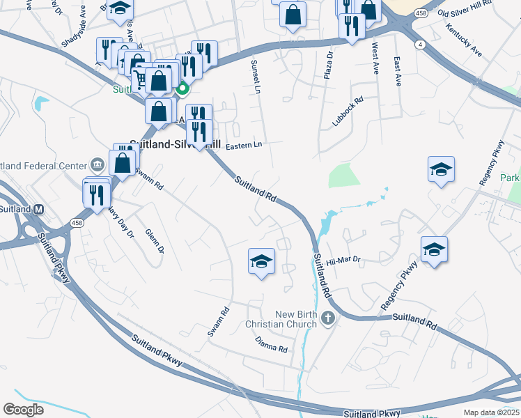 map of restaurants, bars, coffee shops, grocery stores, and more near 5115 Suitland Road in Hillcrest Heights