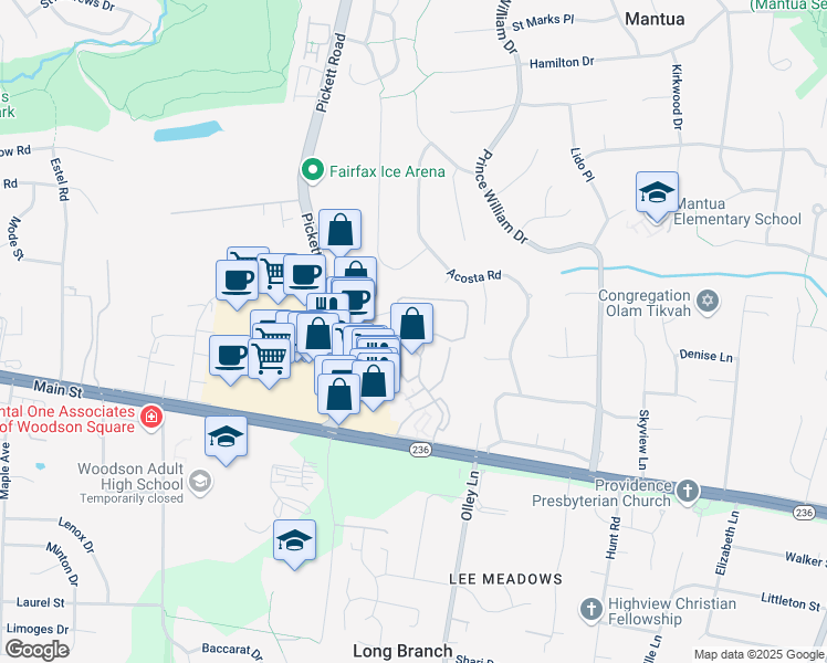 map of restaurants, bars, coffee shops, grocery stores, and more near 3682 Persimmon Circle in Fairfax