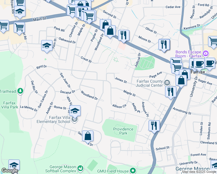 map of restaurants, bars, coffee shops, grocery stores, and more near 10733 Maple Street in Fairfax