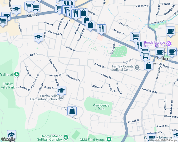map of restaurants, bars, coffee shops, grocery stores, and more near 10733 Maple Street in Fairfax