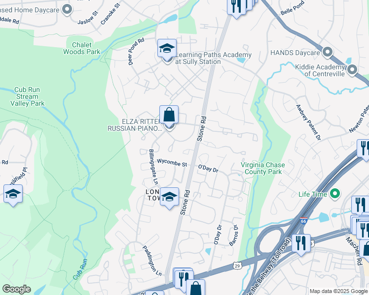 map of restaurants, bars, coffee shops, grocery stores, and more near 14718 Southwarke Place in Centreville