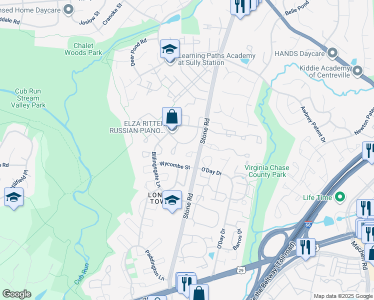 map of restaurants, bars, coffee shops, grocery stores, and more near 14718 Southwarke Place in Centreville