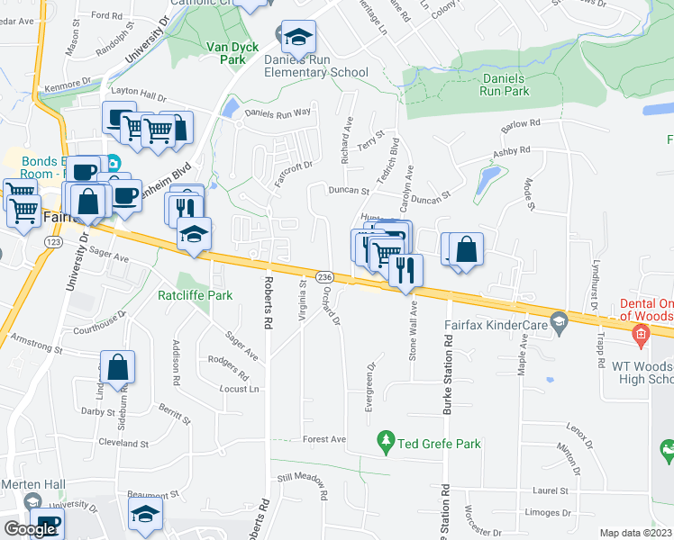map of restaurants, bars, coffee shops, grocery stores, and more near 3949 Fairview Drive in Fairfax