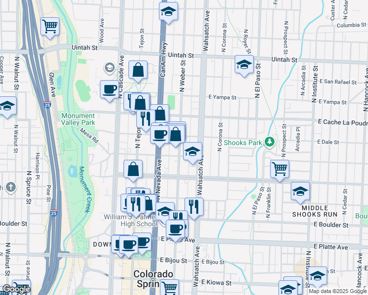 map of restaurants, bars, coffee shops, grocery stores, and more near 314 East Monument Street in Colorado Springs