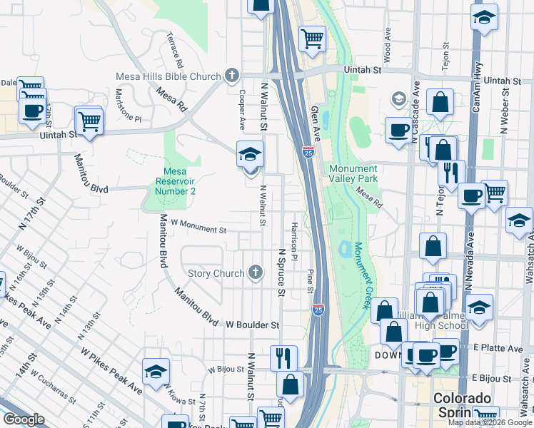 map of restaurants, bars, coffee shops, grocery stores, and more near 741 North Walnut Street in Colorado Springs