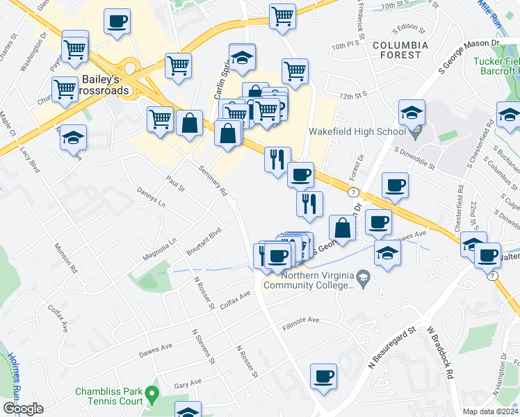 map of restaurants, bars, coffee shops, grocery stores, and more near 5573 Seminary Road in Falls Church
