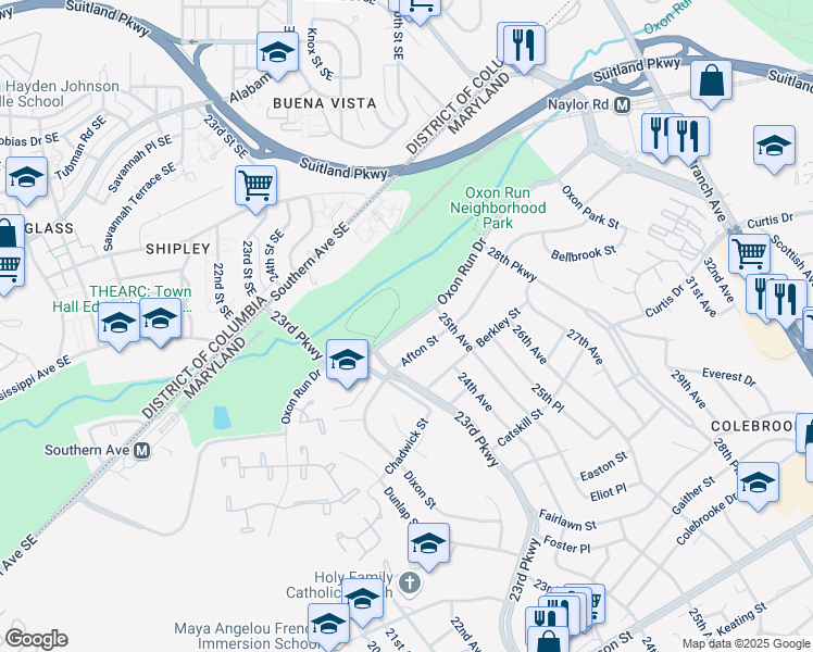 map of restaurants, bars, coffee shops, grocery stores, and more near Oxon Run Drive in Hillcrest Heights
