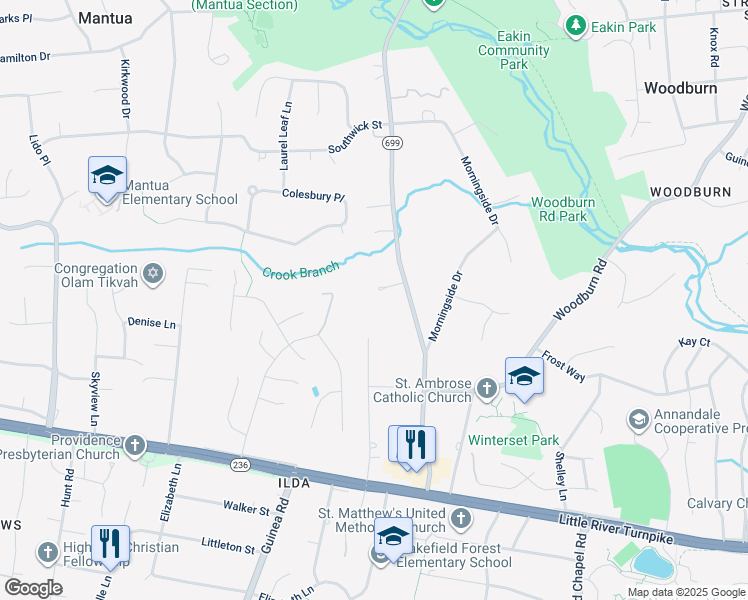 map of restaurants, bars, coffee shops, grocery stores, and more near 8731 Glenbrook Place in Fairfax
