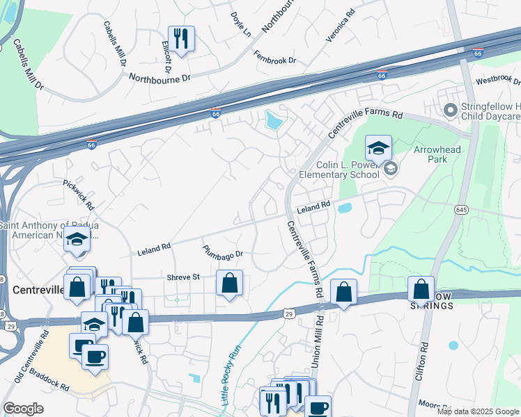 map of restaurants, bars, coffee shops, grocery stores, and more near 13510 Ann Grigsby Circle in Centreville