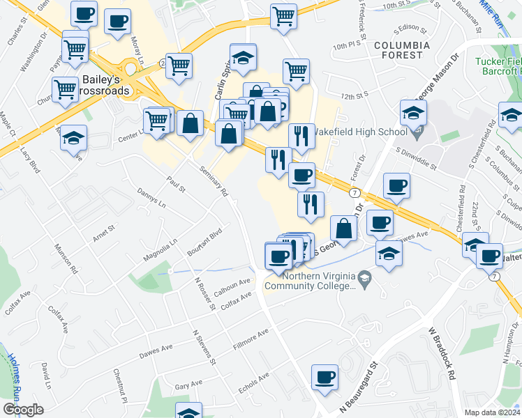 map of restaurants, bars, coffee shops, grocery stores, and more near 5573 Seminary Road in Falls Church
