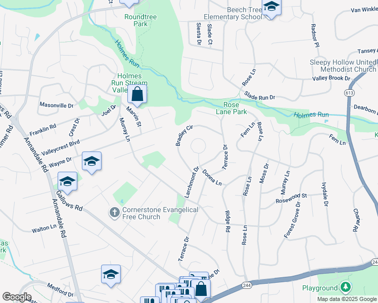 map of restaurants, bars, coffee shops, grocery stores, and more near 7030 Donna Circle in Annandale