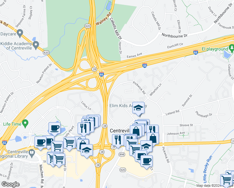map of restaurants, bars, coffee shops, grocery stores, and more near 5601 Willoughby Newton Drive in Centreville