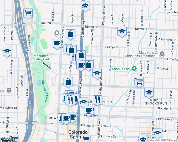 map of restaurants, bars, coffee shops, grocery stores, and more near 224 East Monument Street in Colorado Springs