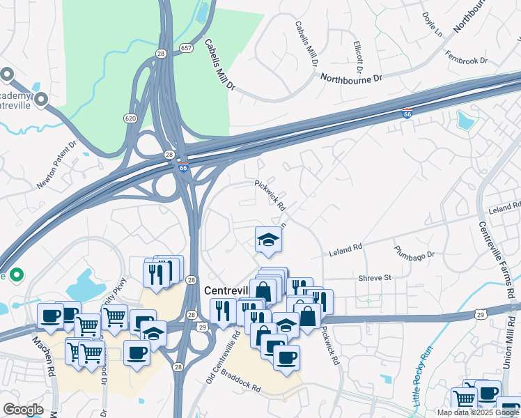 map of restaurants, bars, coffee shops, grocery stores, and more near 5619 Sherborne Knolls in Centreville