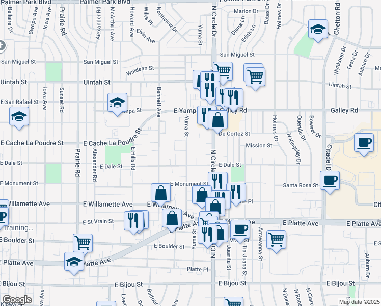 map of restaurants, bars, coffee shops, grocery stores, and more near 809 Yuma Street in Colorado Springs