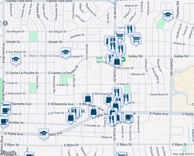 map of restaurants, bars, coffee shops, grocery stores, and more near 820 Rancho Santa Fe Point in Colorado Springs