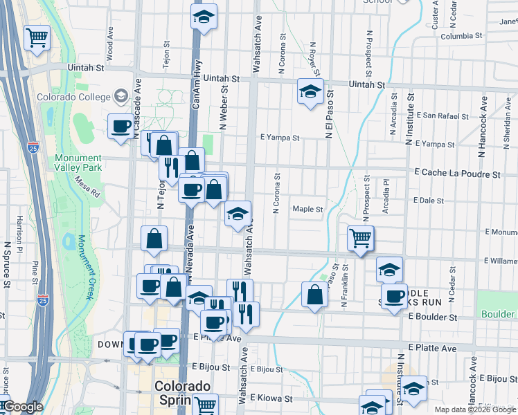 map of restaurants, bars, coffee shops, grocery stores, and more near 707 North Wahsatch Avenue in Colorado Springs