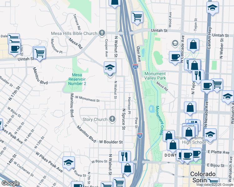 map of restaurants, bars, coffee shops, grocery stores, and more near 741 North Walnut Street in Colorado Springs