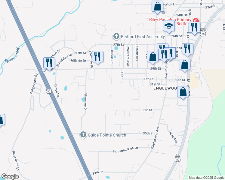 map of restaurants, bars, coffee shops, grocery stores, and more near 3111 Illinois Street in Bedford