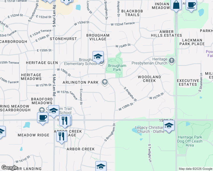 map of restaurants, bars, coffee shops, grocery stores, and more near 16115 West 156th Place in Olathe