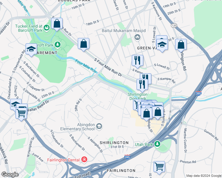 map of restaurants, bars, coffee shops, grocery stores, and more near 2610 South Arlington Mill Drive in Arlington