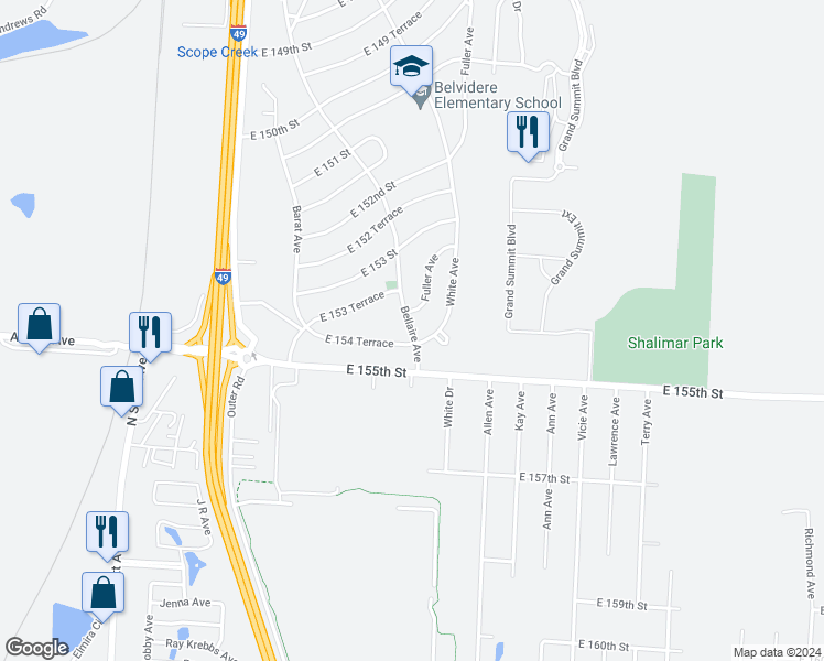 map of restaurants, bars, coffee shops, grocery stores, and more near 15406 Bellaire Avenue in Grandview
