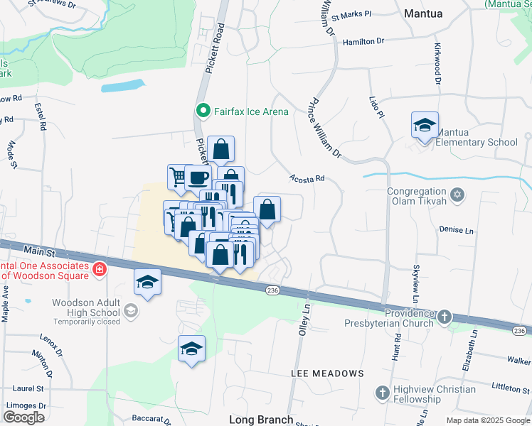 map of restaurants, bars, coffee shops, grocery stores, and more near 3867 Persimmon Circle in Fairfax