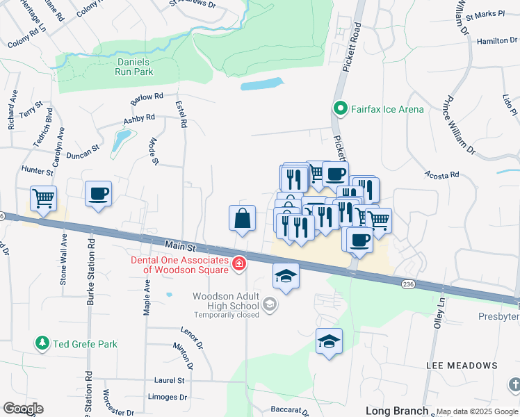 map of restaurants, bars, coffee shops, grocery stores, and more near 3863 Wilcoxson Drive in Fairfax